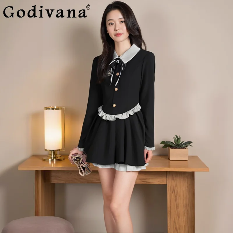 

Large Size Spring Autumn New College Fake Two-piece Dresses Women Fashion Age-reducing High Waist A-line Pleated Short Dress
