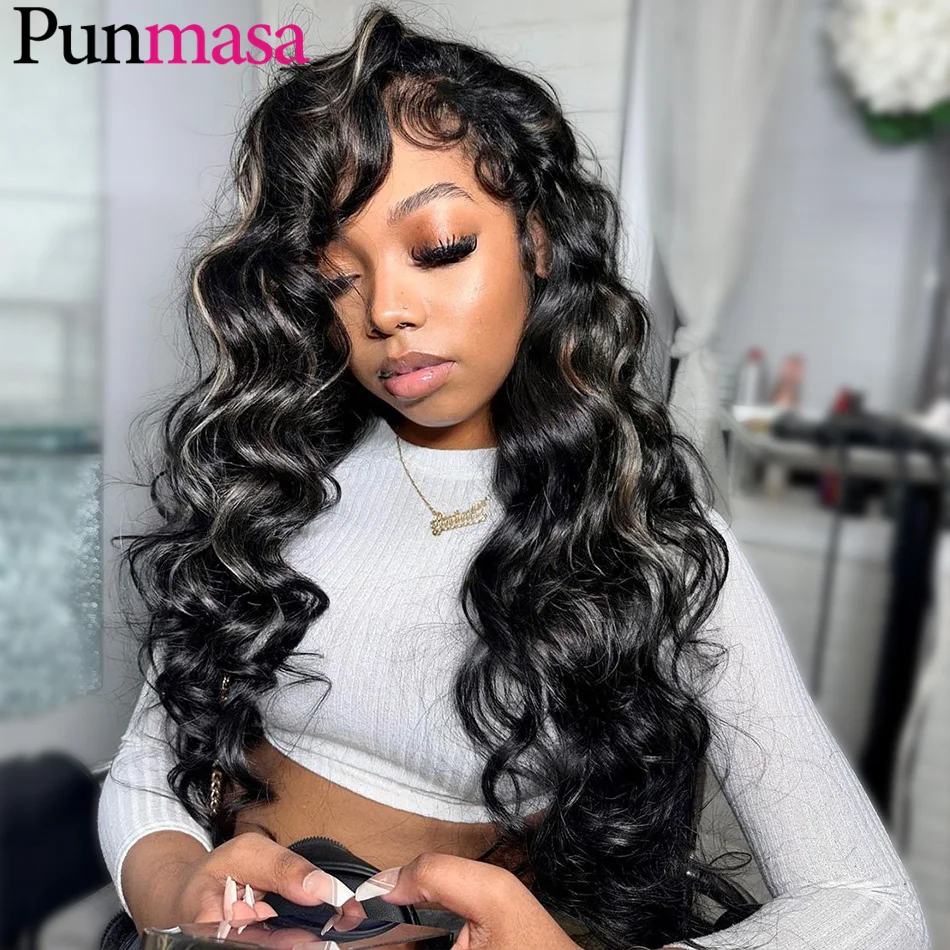 1B Grey Highlights Loose Body Wave Human Hair Wigs Glueless 5X5 Lace Closure Wig for Women 200% Wear Go Lace Frontal Wig Punmasa