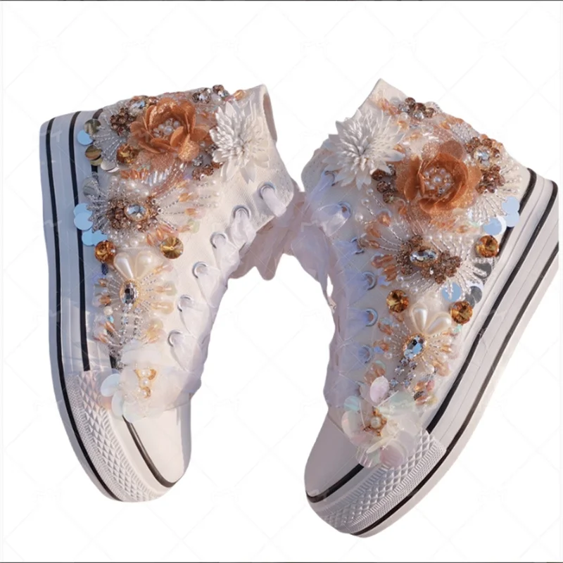 Handcrafted beaded ribbon flower rhinestones party banquet wedding canvas shoes platform high top casual women\'s shoes 35-40