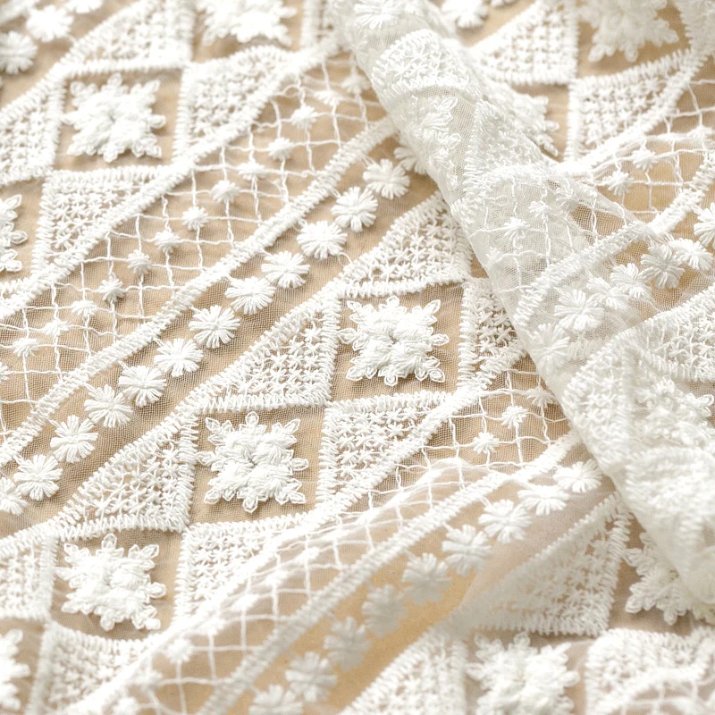 Beige Tulle Embroidery Lace Fabric Cheongsam Wedding Dress Material for DIY Handmade Designer Garment Sewing Accessories