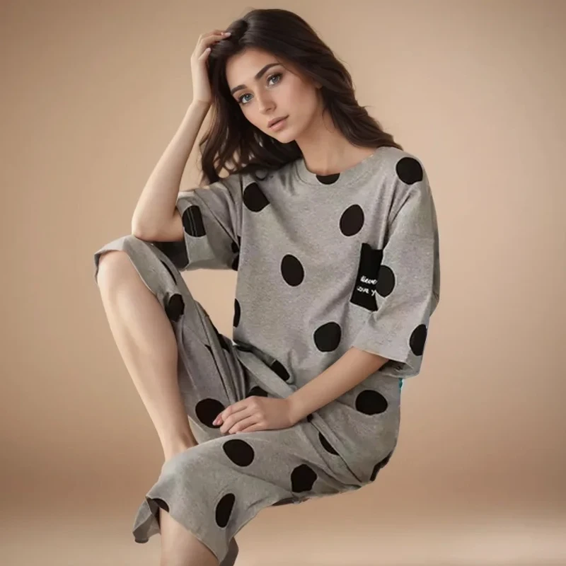 

Plus Size Women Pajama Set Summer Student Thin Short Sleeve Cropped Pants Round Neck Casual Breathable Loungewear Girls Pajamas