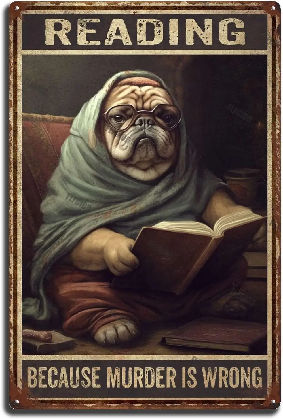 Tin Sign Bulldog Dog Reading Because Murder is Wrong Tin Sign for Home Bar Pub Cafe Farm Room