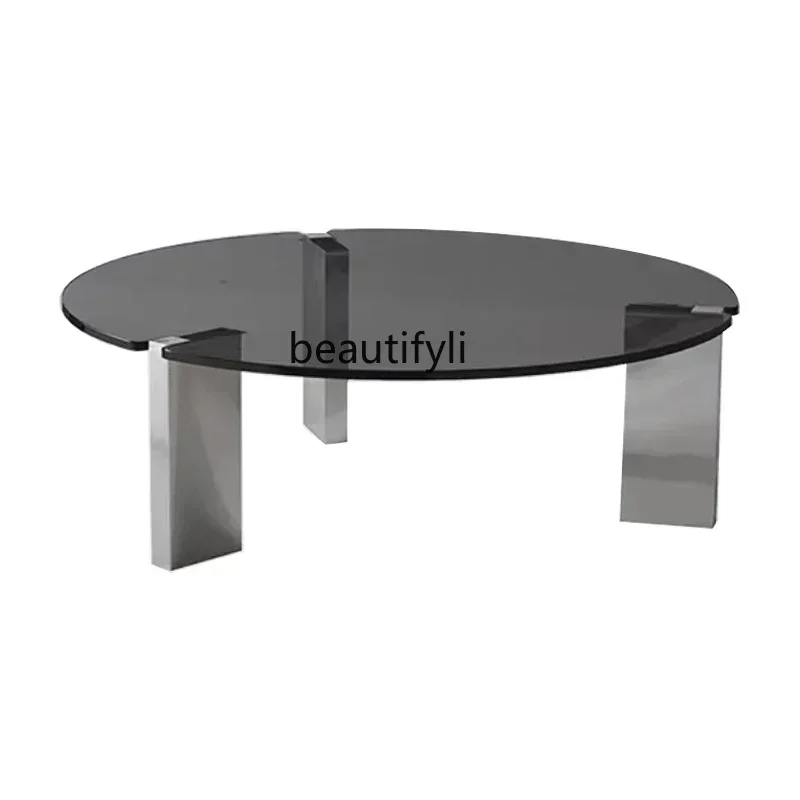 

Light Luxury Coffee Table Mirror Stainless Steel Thickened Tempered Glass round Large Table Simple