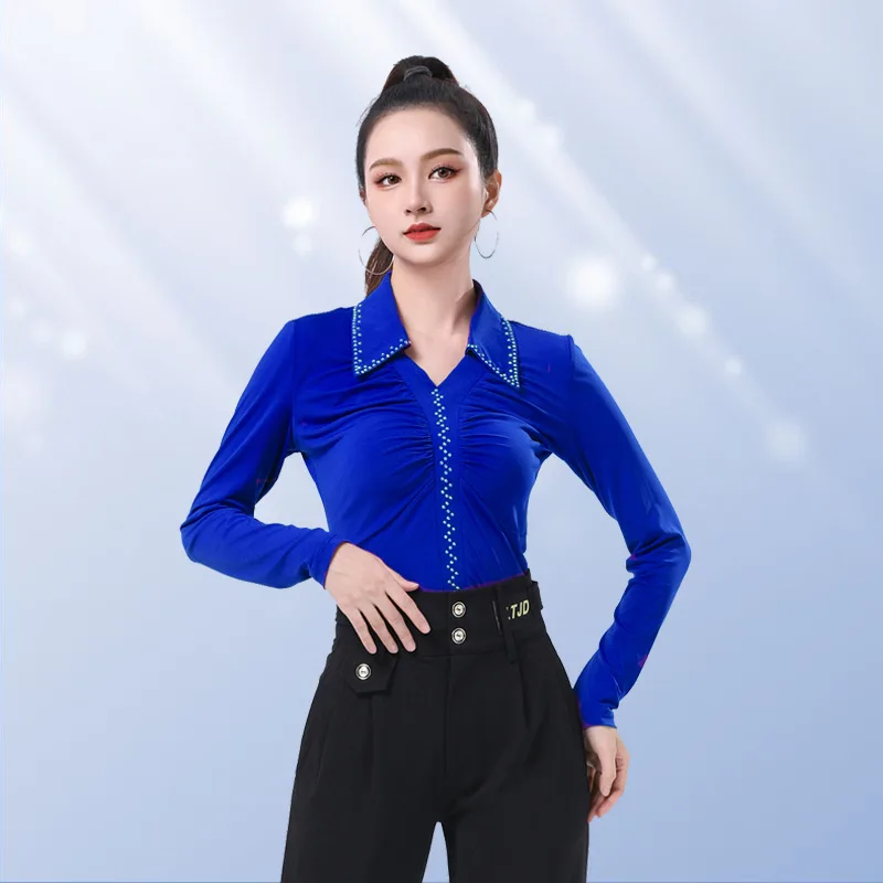 Primavera nuova danza quadrata marinaio sala da ballo danza bavero sottile manica lunga danza moderna top