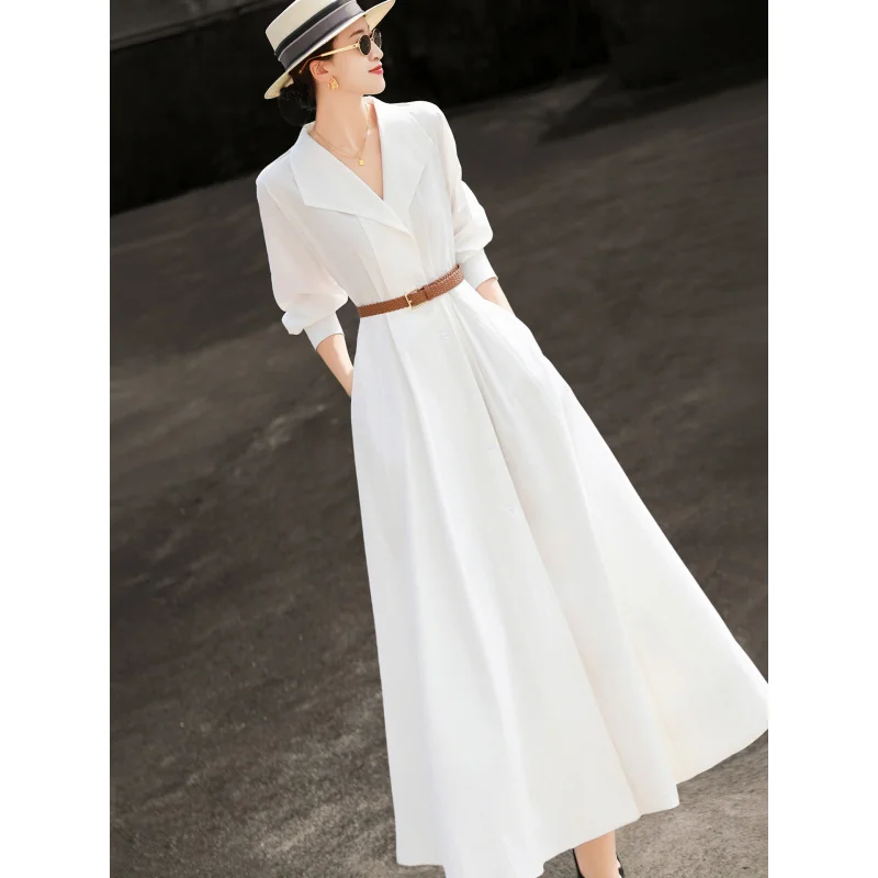 

MEXCOCO 2026 Spring New Women Minimalist Commute Linen Lyocell Dress Lapel Waist Slim White Dress