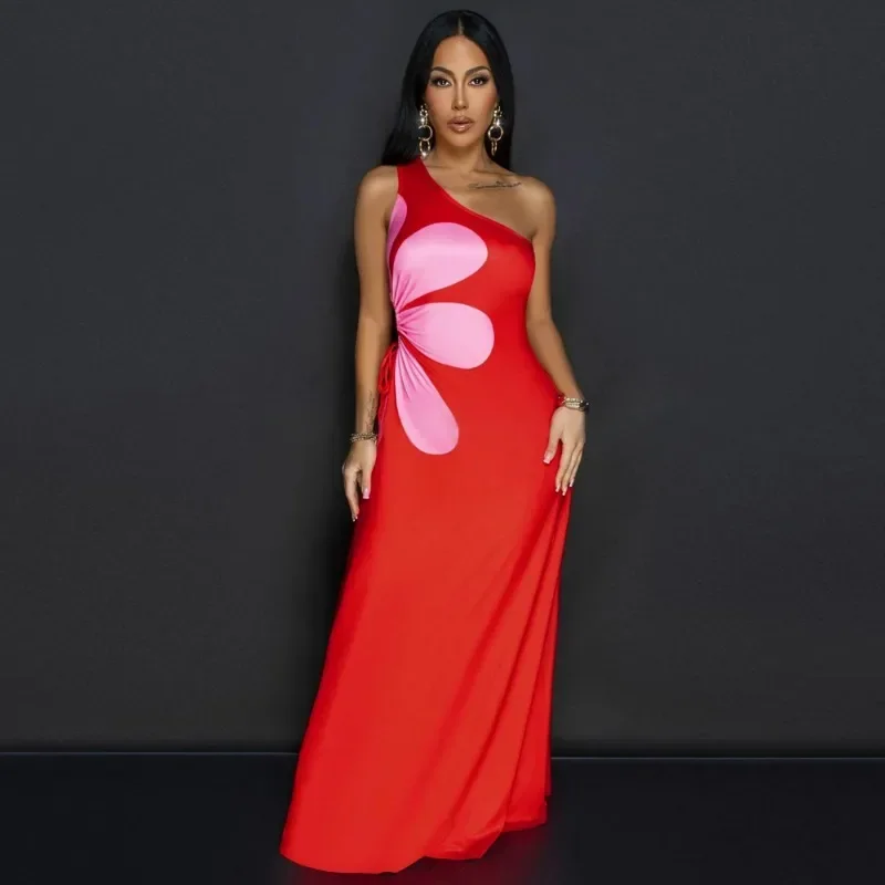 GUWU المرأة عباد الشمس المطبوعة انقطاع الخصر كتف واحد بلا أكمام فستان ماكسي نحيف مثير مساء نادي فساتين طويلة