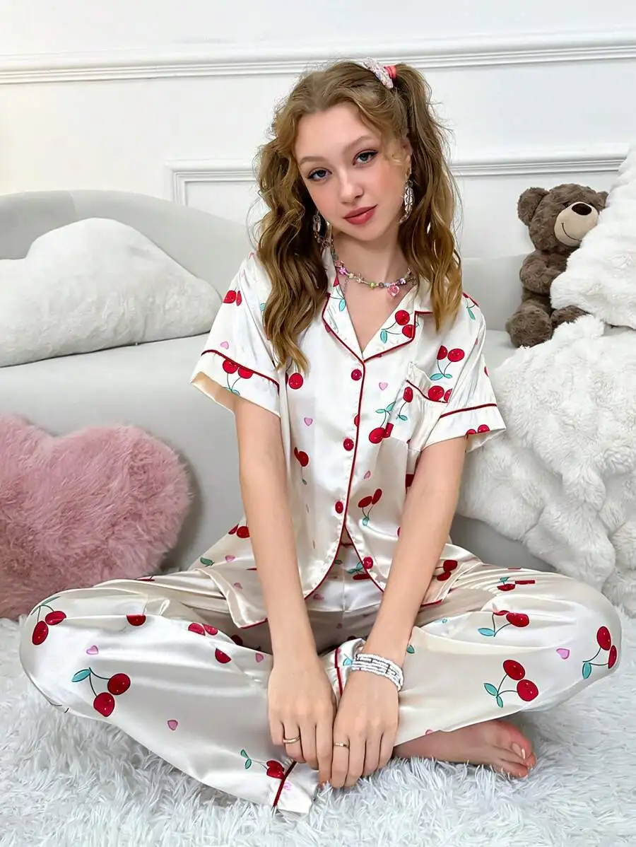 

Womens Cherry Print Short Sleeve Satin Pajama Set With Contrast Trim
