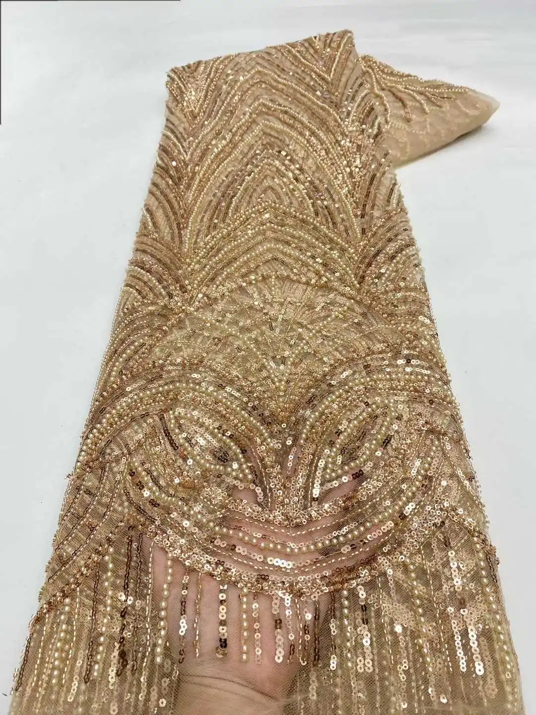 

High Quality African Gold Handmade Beaded Lace Fabirc Sewing sequins Embroidery Nigreian Lace Fabric Women Wedding Dress