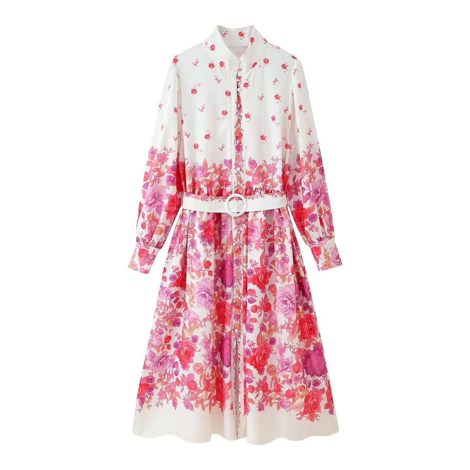 Robe mi-longue élégante à imprimé Floral pour femmes, col montant, manches longues, ceinture, robes longues, automne, Robe de vacances