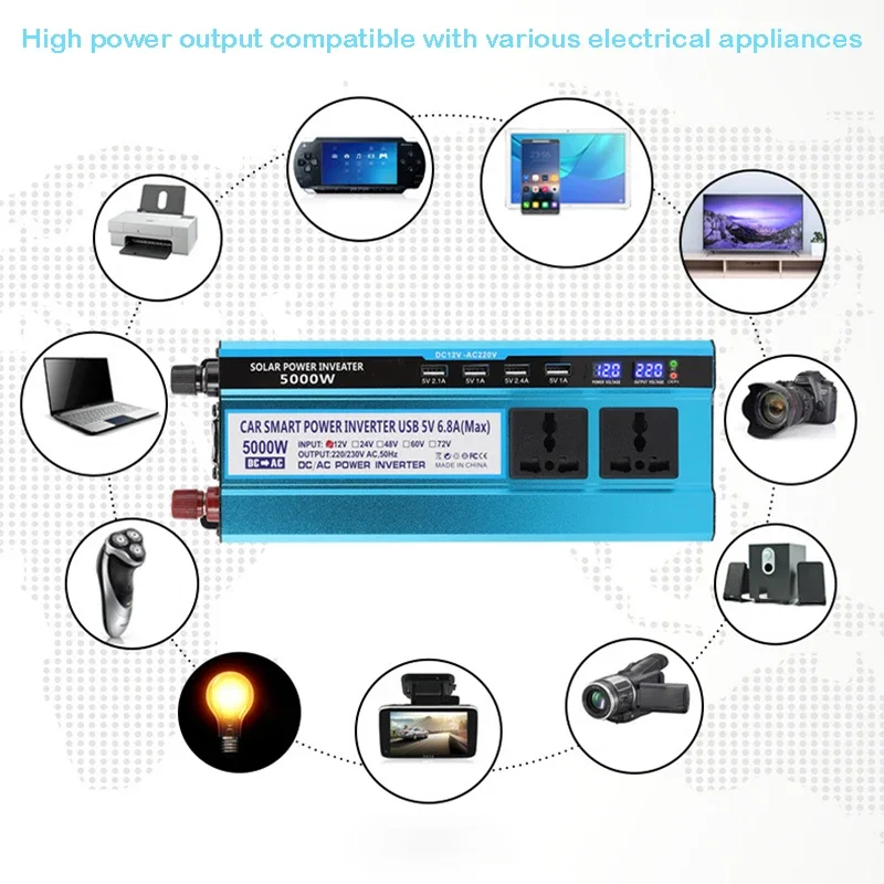 DC 12V to AC 220V Voltage 3000W/4000W/5000W Modified Sine Wave Inverter Converter Transformer 4 USB Solar Power Inverter Charger