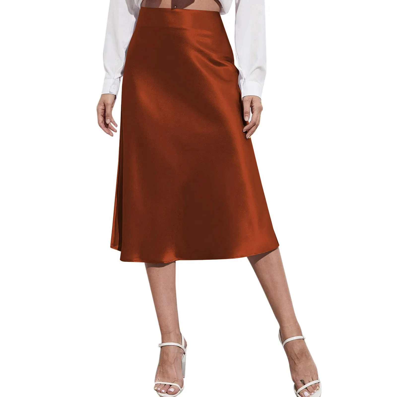 Aesthetic Satin A-Line Skirt Women's Bright Face High Waist Solid Color Side Split Skirt With Zipper Knee Length Office Wear