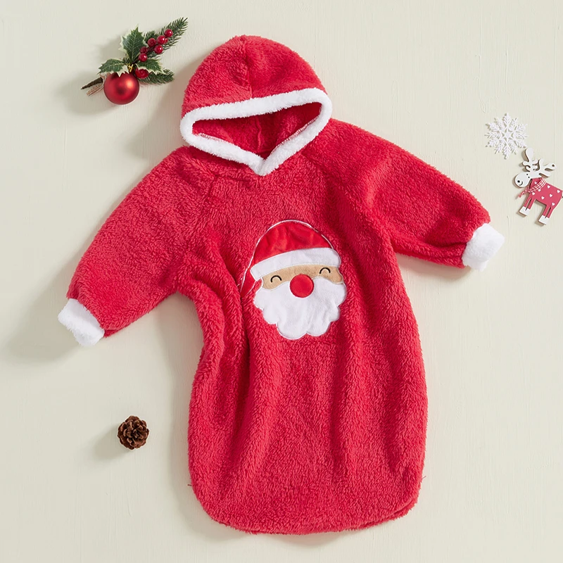 Christmas Reindeer Fleece Sleep Sack with Hooded Embroidery for Infants Soft Wearable Blanket for Boys and Girls Long Sleeve