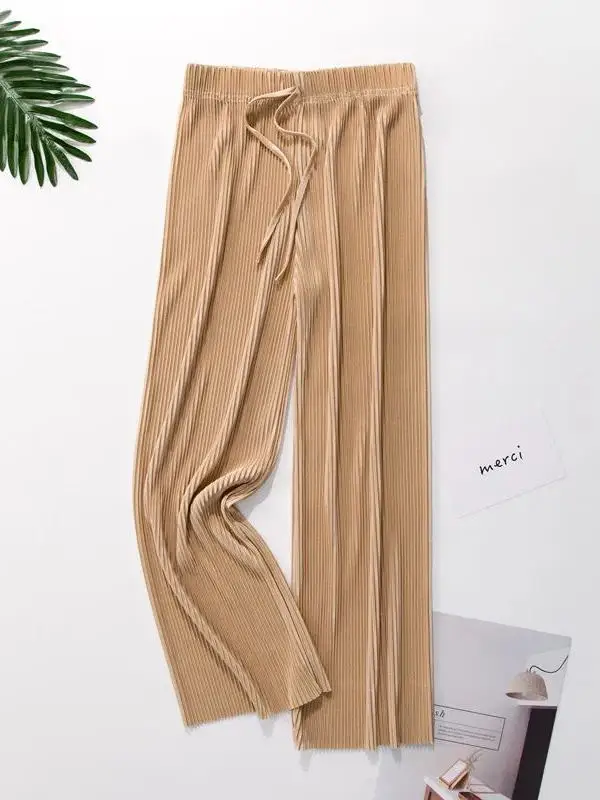 الربيع الصيف رقيقة مطوي السراويل الشيفون مستقيم الساق عارضة السراويل غير المتكافئة الشارع Sle l الخصر مطاطا بوليست... #5