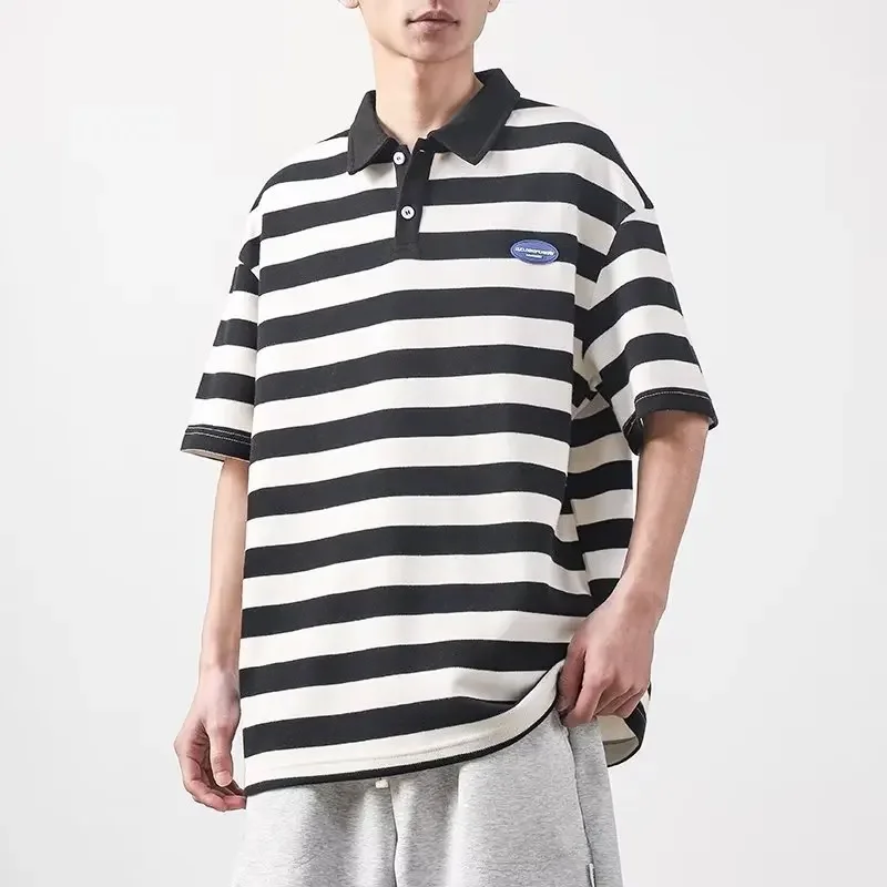 Men Polo Shirts Stripes Summer Short Sleeve T-shirt Turn-down Collar Shirt Male Casual Loose Pullover Tops Fashion Tees