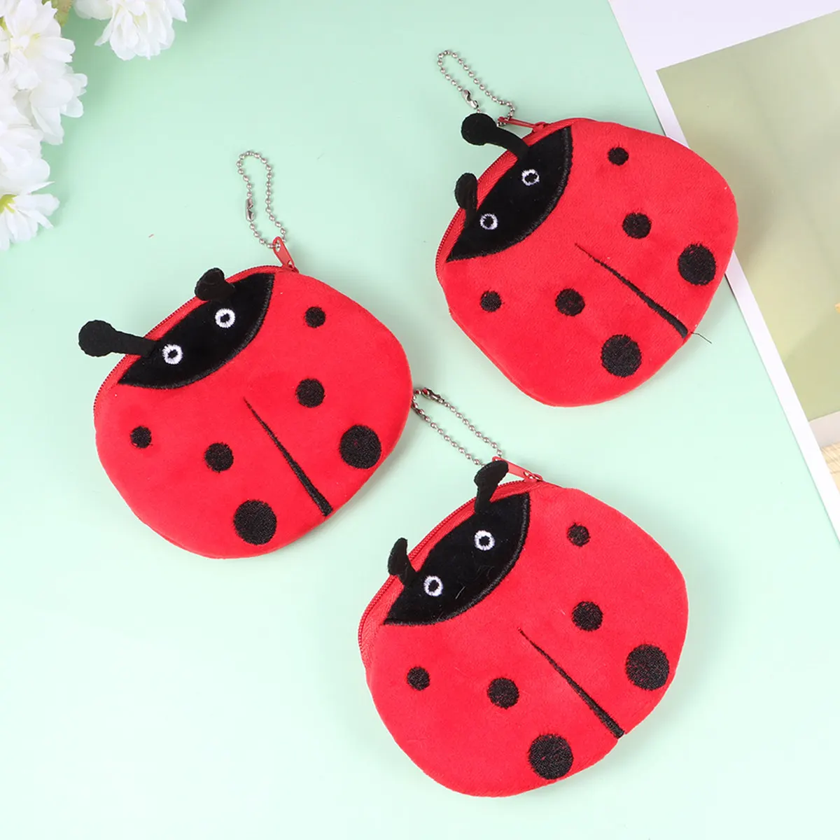 

3Pcs Adorable Ladybug Design Coin Purse Small Wallet for Change Bills Keys Headset Portable Lightweight Slim Organizer for Work