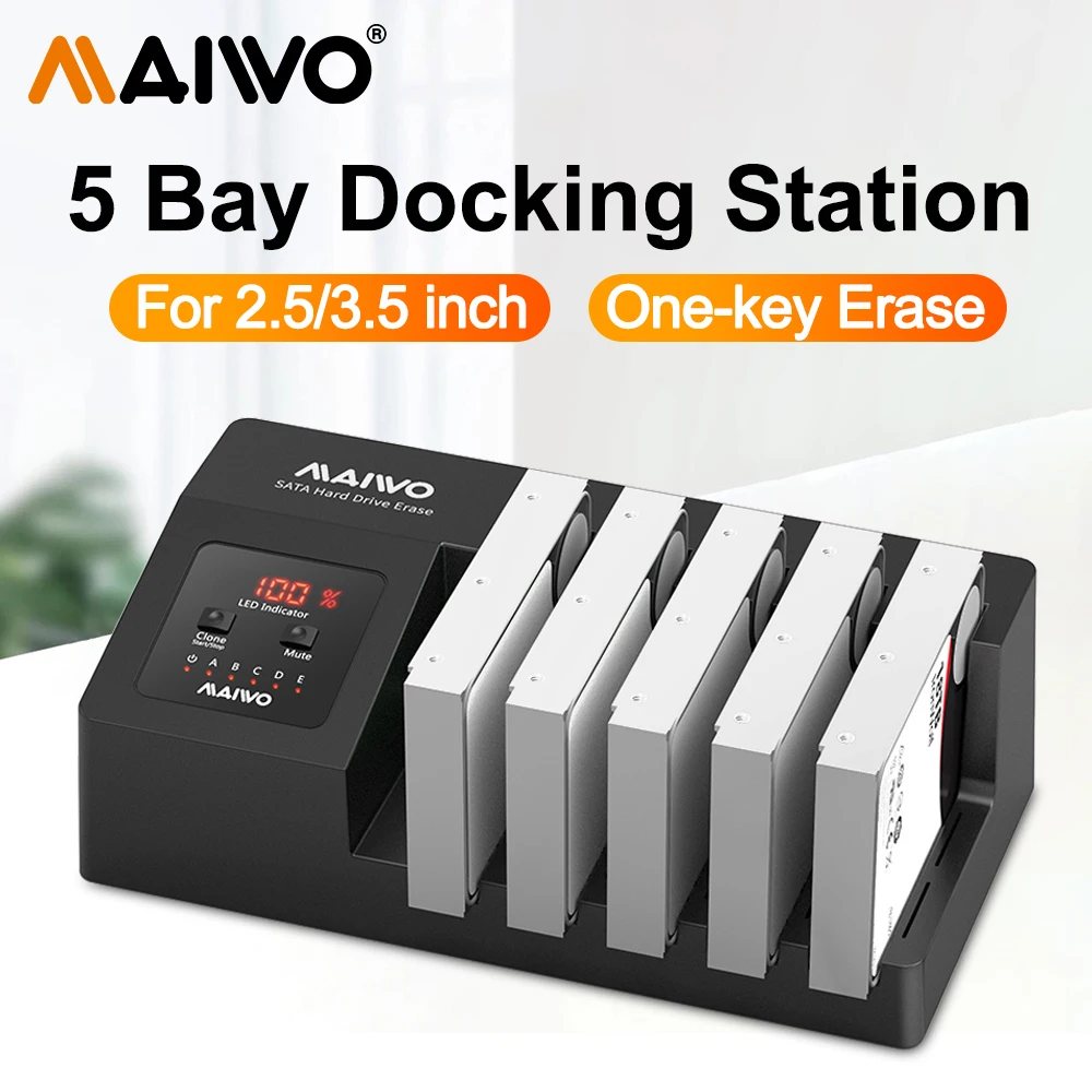 

MAIWO 5 Bay 2.5"/3.5" Inch SATA HDD SSD External Case USB 3.0 Hard Drive Enclosure Data Storage with Digital Display Tool-free