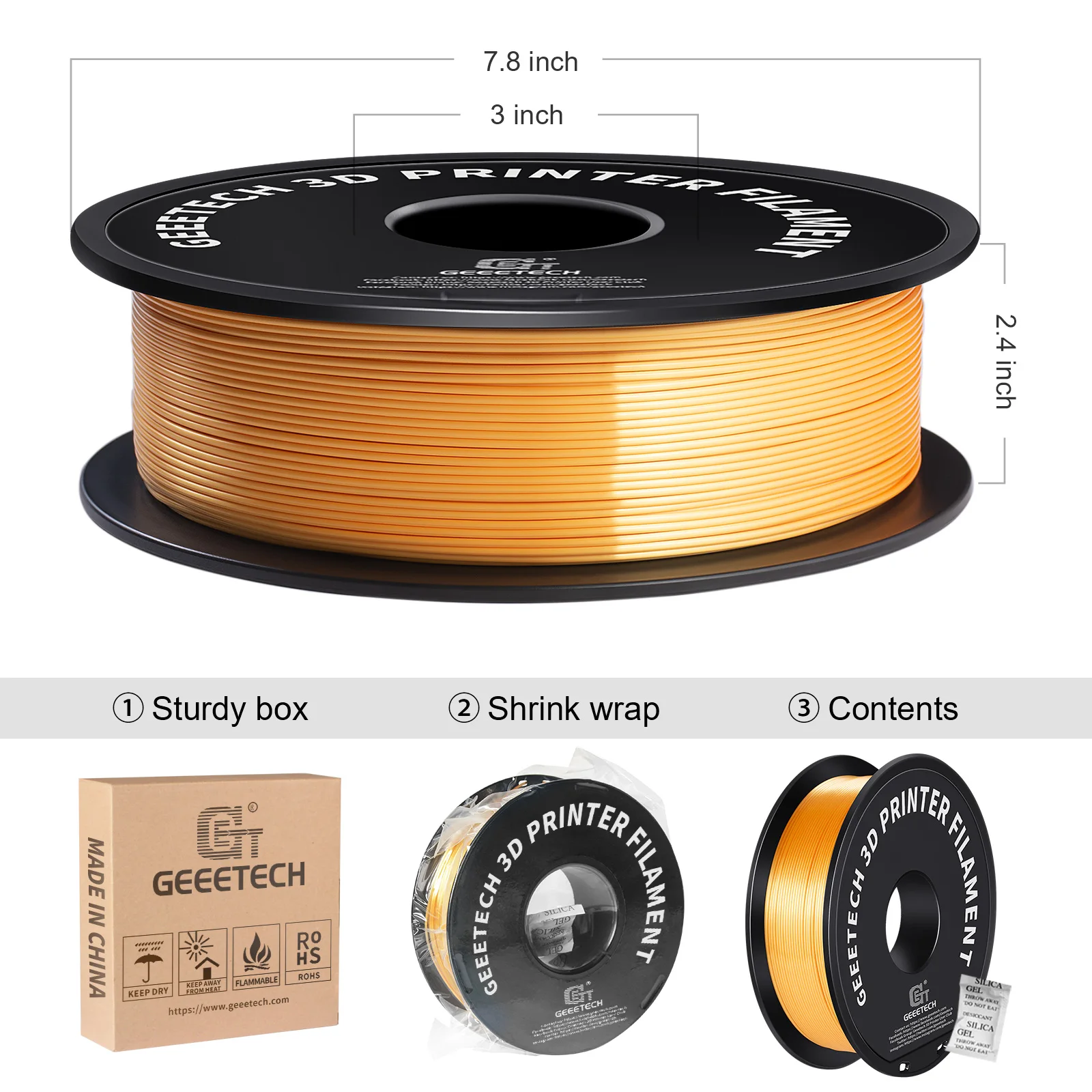 GEEETECH, filamento de seda PLA para impresión 3D, para impresoras 3D FDM, 1 kg (2,2 libras), envasado al vacío, 1,75 mm, tolerancia de +-0,03 mm.
