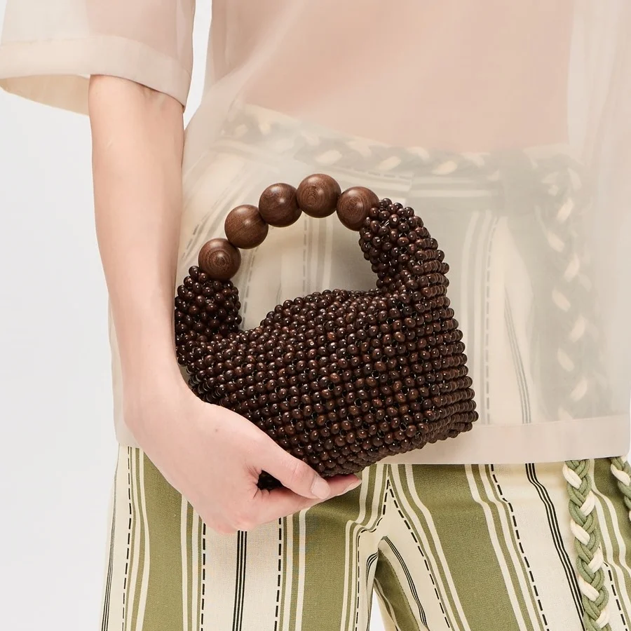 Beaded Bag Bucket totes Handbag Women Handmade Summer Party Small Bucket Purse Coffee Color