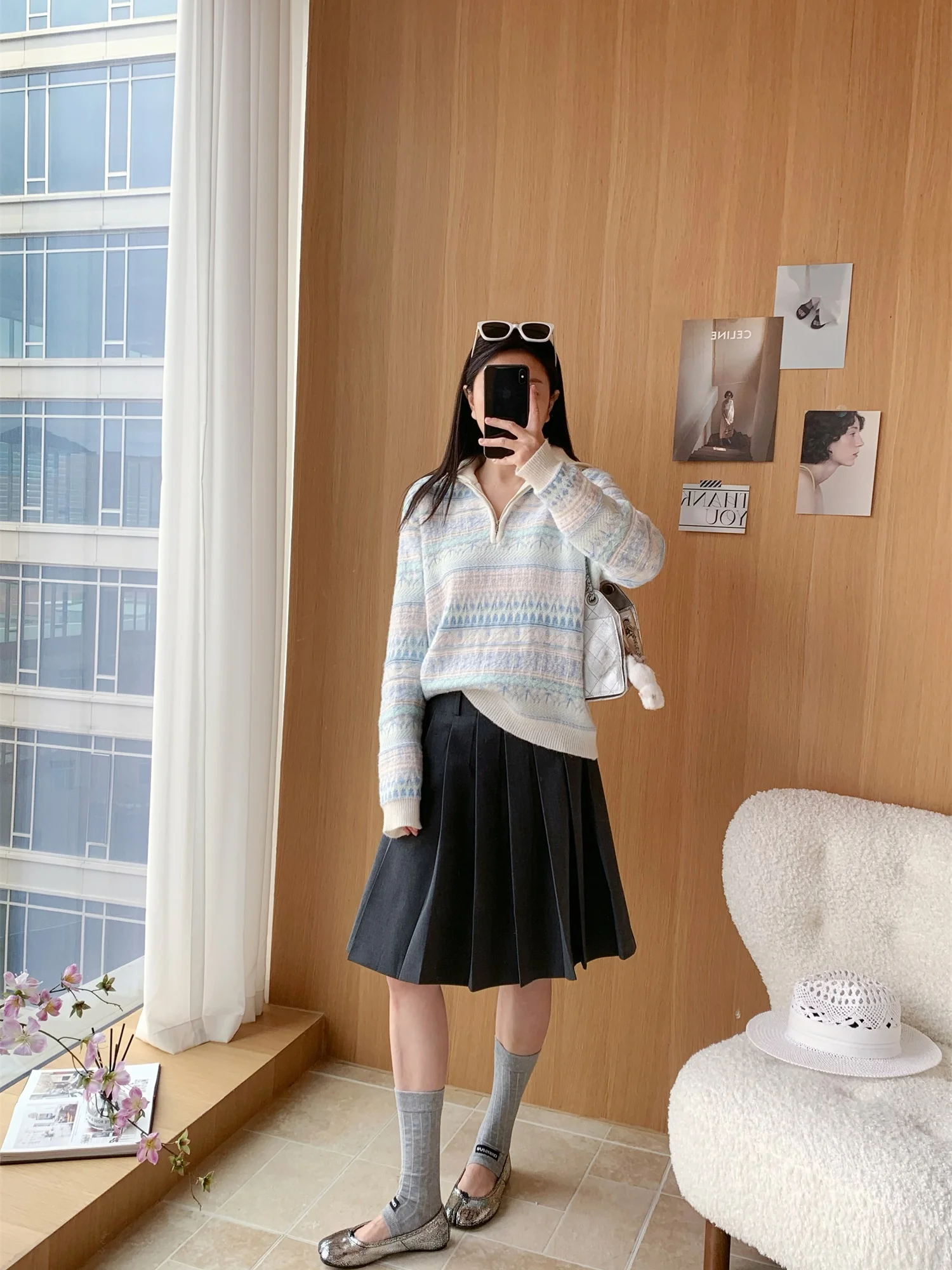 

Flippedaikoko26 Early Spring Fair Isle Print Wool Camere f Zip Hoodie H5 Girl's Loose Fit Long Sve Thermal Knitwear