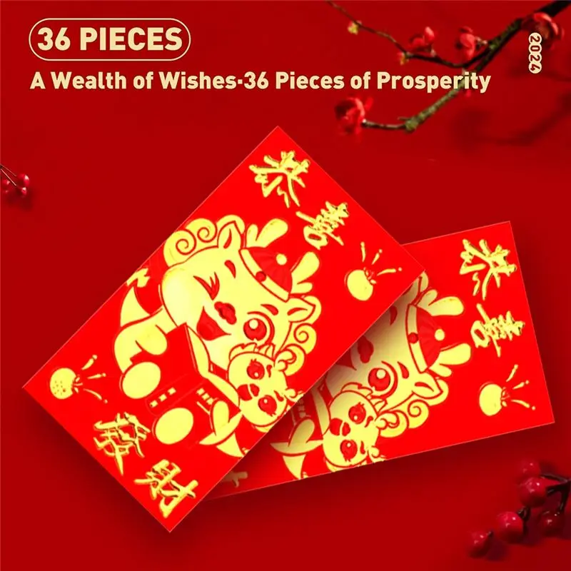 AEF7-36Pcs Chinese Red Envelopes 2024 New Year,6 Designs,Chinese Envelopes For Money 2024 Dragon Lunar New Year,6.5X3.5Inch
