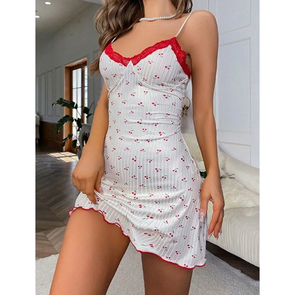 Elegant Heart Print Pajamas Dress Sleeveless V-Neck Nightdress Slim Fit Lightweight Camisole Nightwear Adult Sleepwear