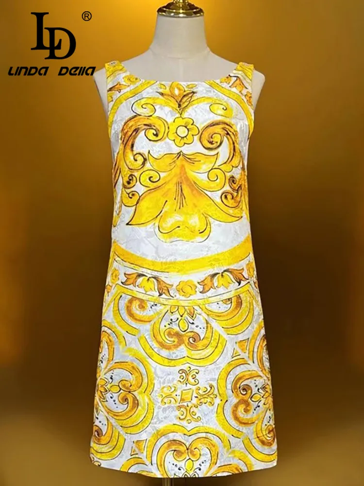 

LD LINDA DELLA 2024 New Style Runway Designer Dresses Women's Bohemian Print Temperament Vest Sexy Backless Mini Dresses