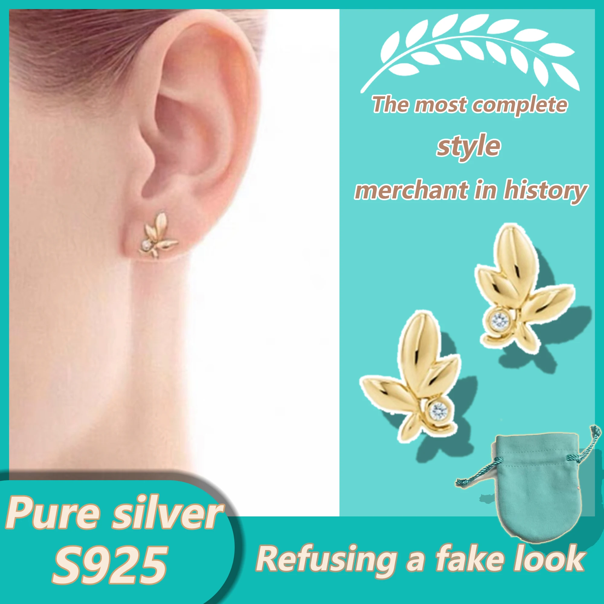 

Single diamond olive leaf earrings made of pure silver S925 high-end photosensitive surface earrings Paloma Picasso ® series