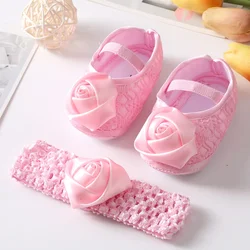 Newborn Baby Shoes Baptism White Bowknot Baby Girl Lace Shoes Headband Set Toddler Prewalker Cute Baby Soft Shoes for 0-18M Kids