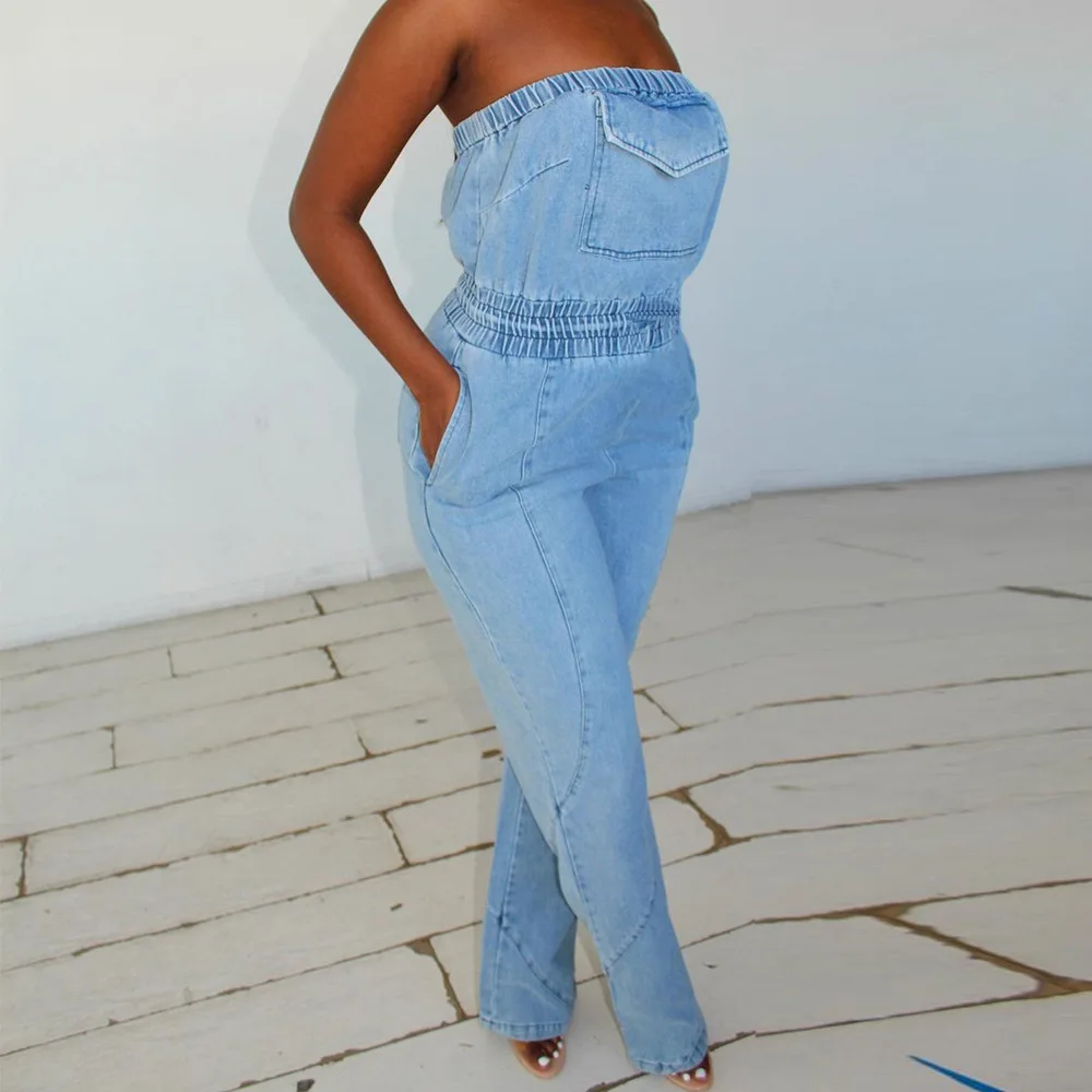 Women Jumpsuits Summer Sexy Sleeveless Backless Strapless Stretch Denim Jumpsuits Streetwear Casual Pocket Straight Jeans Romper