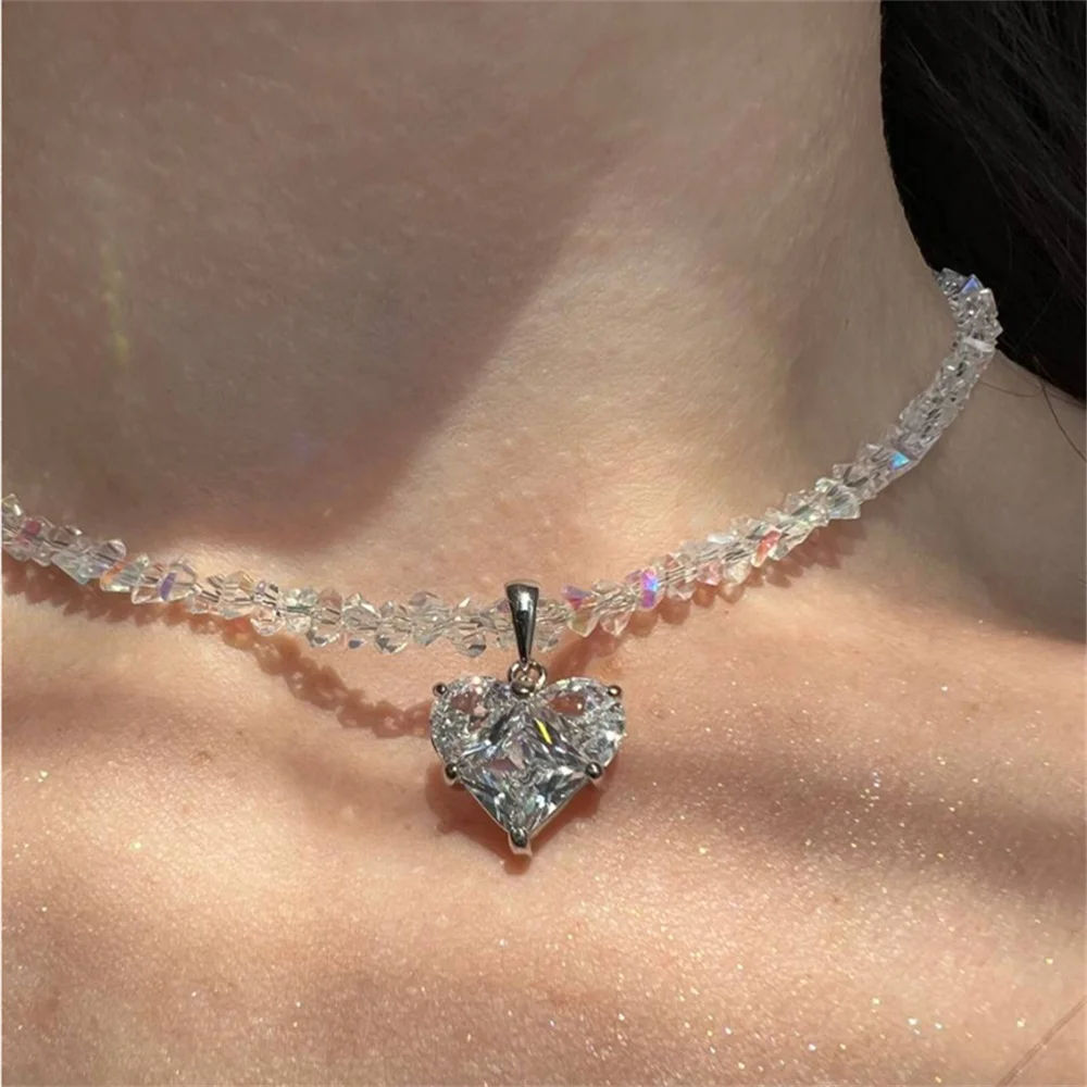 Fashion Vintage Sexy Zircon Heart Pendant Necklace For Women Female Boho Geometric Baroque Transparent Crystal Chain Jewelry