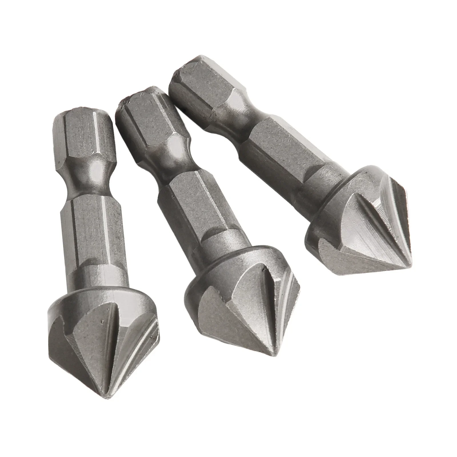 3 buah/set mata bor Countersink perak, mata bor Chamfer enam Flute 6.35mm baja karbon tinggi batang Hex, alat pelepas mesin