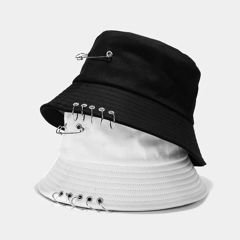 K Pop Harajuku Hip Hop Bucket Hat Punk Spiked Rivets Metal Rings Fisherman Cap Outdoor Streetwear Summer Panama Has