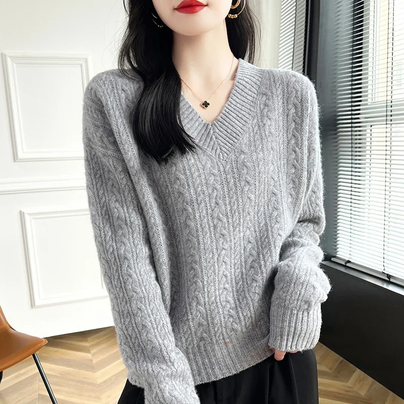 

Cashmere Sweater Women Autumn Winter New V-Neck Sweater Loose Fitting Pullover Long Sleeved Top Women's Sweater Winter 2024