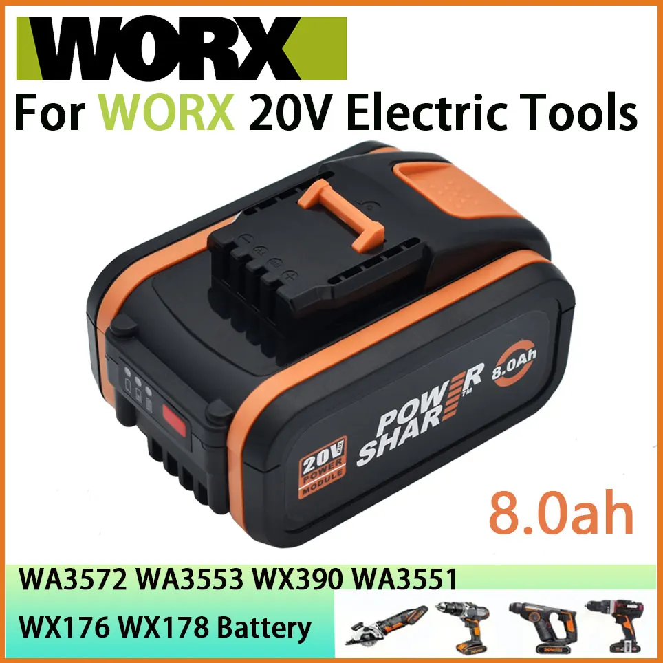 

Original Worx 20V 8.0Ah Lithium battery Rechargeable WA3551 WA3553 WA3553.1 WA3570 for All WORX Electric and Garden Tools