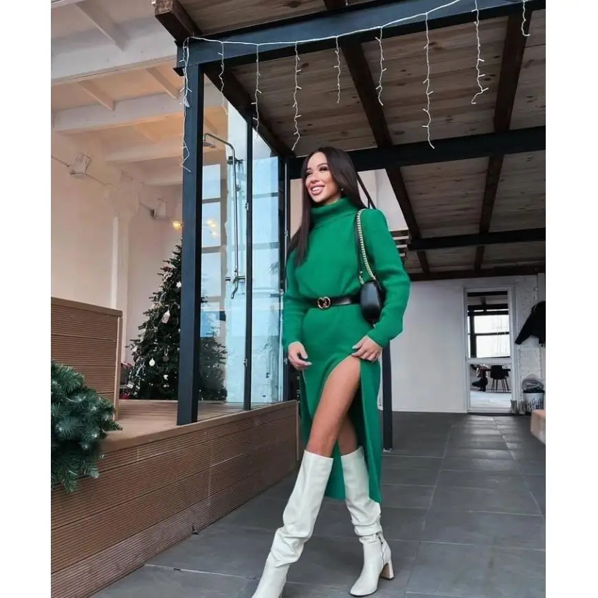 

Женское повседневное платье А-силуэта из шерсти с высоким разрезом на бедре, однотонное, из полиэфирного волокна, тонкое, стандартного кроя