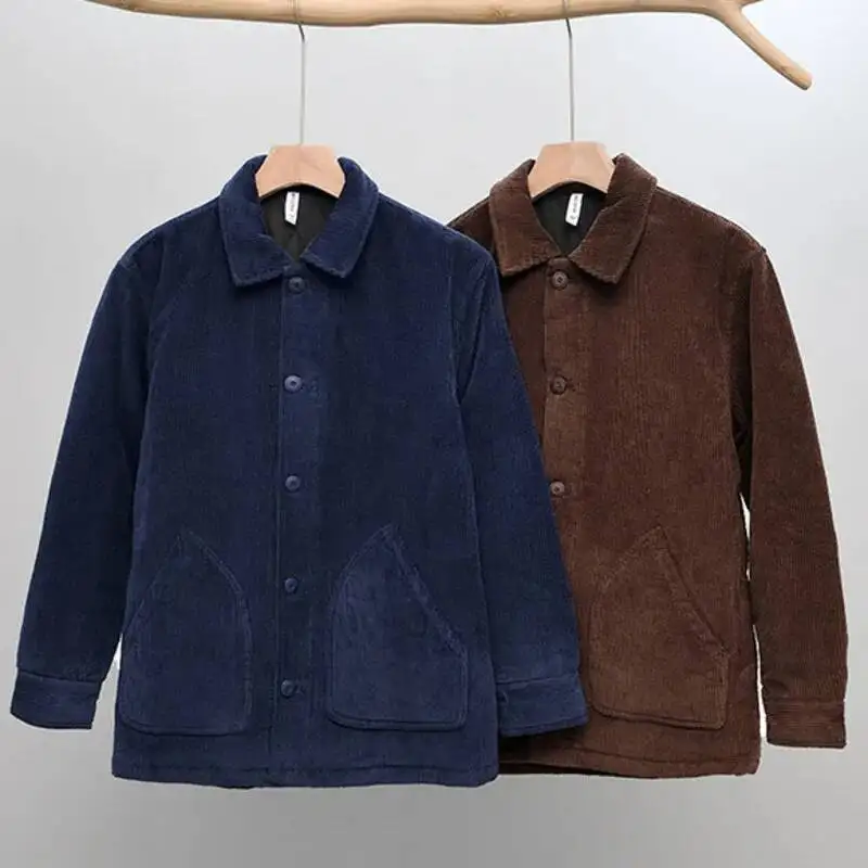Fall Winter Men's Corduroy Parkas Wadded Jacket Casual Sold Color Thick Warm Loose Thickened Cotton Padded Outwear Coats for Man