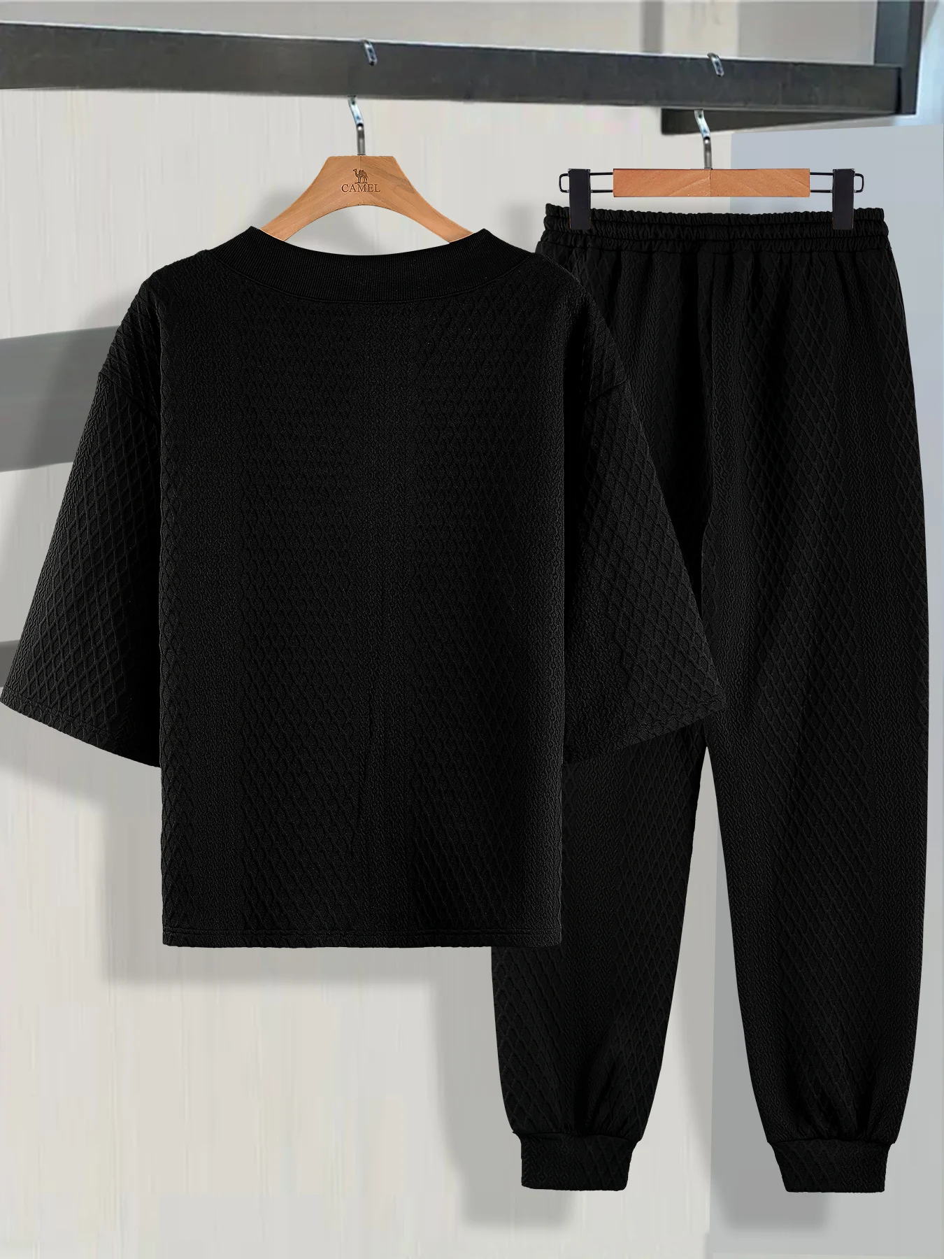 Men's V-Neck Short-Sleeved Jogger Pants Two-Piece Set, Diamond Texture Comfortable Casual Sports Suit, Black Versatile Summer Daily Men's Outfit Set view 3