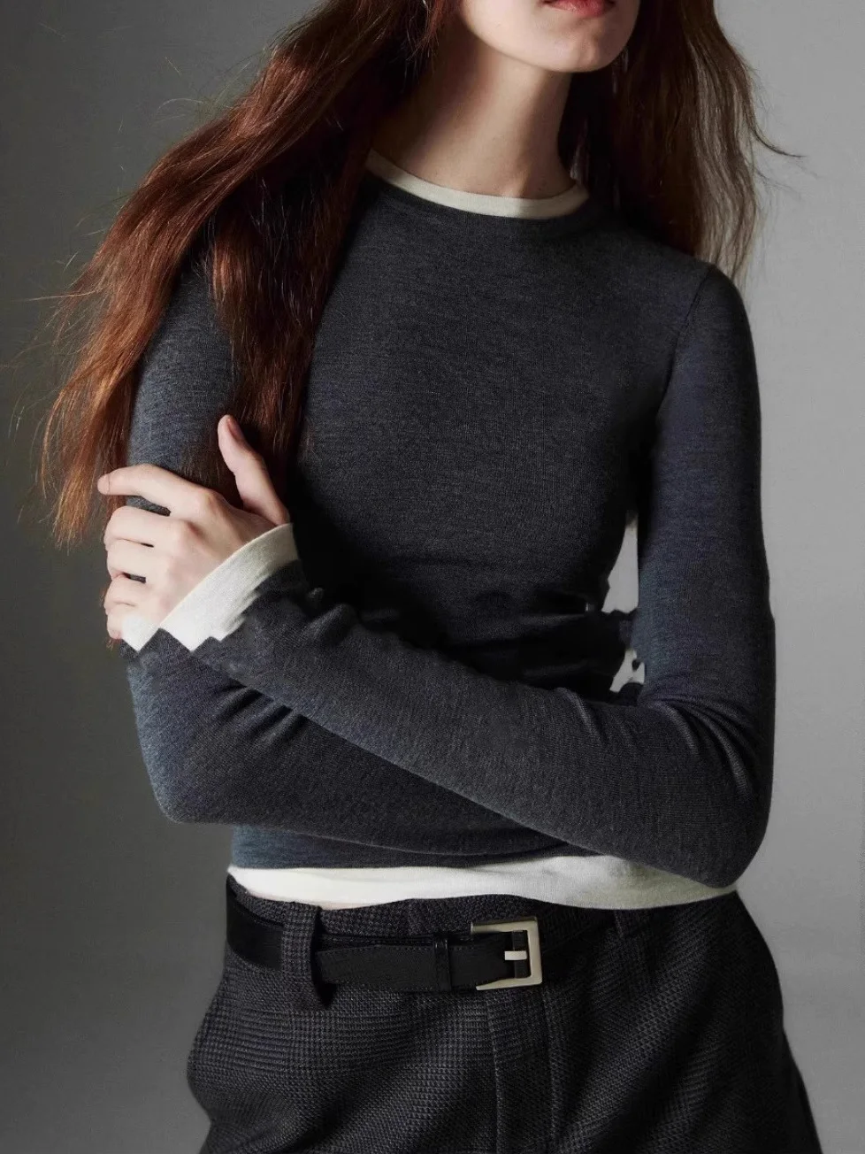 

Color Blo Base irt Women's Autumn Winter Layering Fake Two-Piece Slim Fit Inner Wear Sweater Commute Sle Korean Version