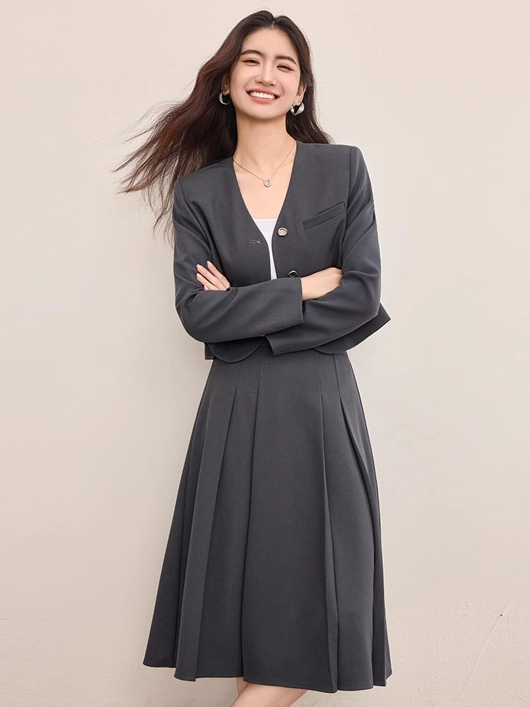 

SENTUBILA Grey Skirt Suits For Woman 2025 Autumn Shoulder Pads Structured Blazer A-Line Skirt Two-Piece Set Elegant 153ZA3426