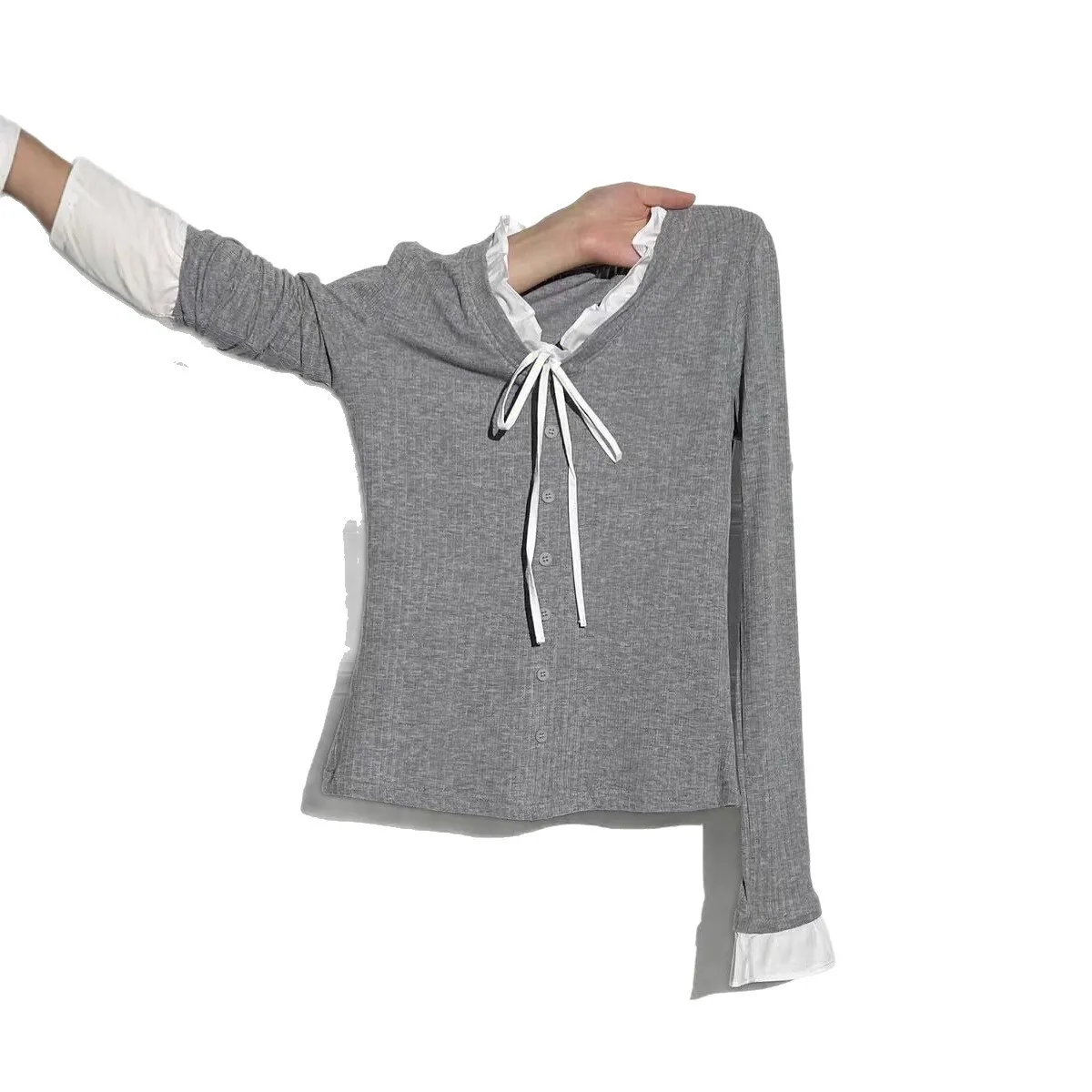 المرأة سترة الخريف الشتاء أنيق الحياكة تي شيرت تكدرت زر ربطة القوس فيونكة تصميم عادي الكتف كم طويل الأعلى