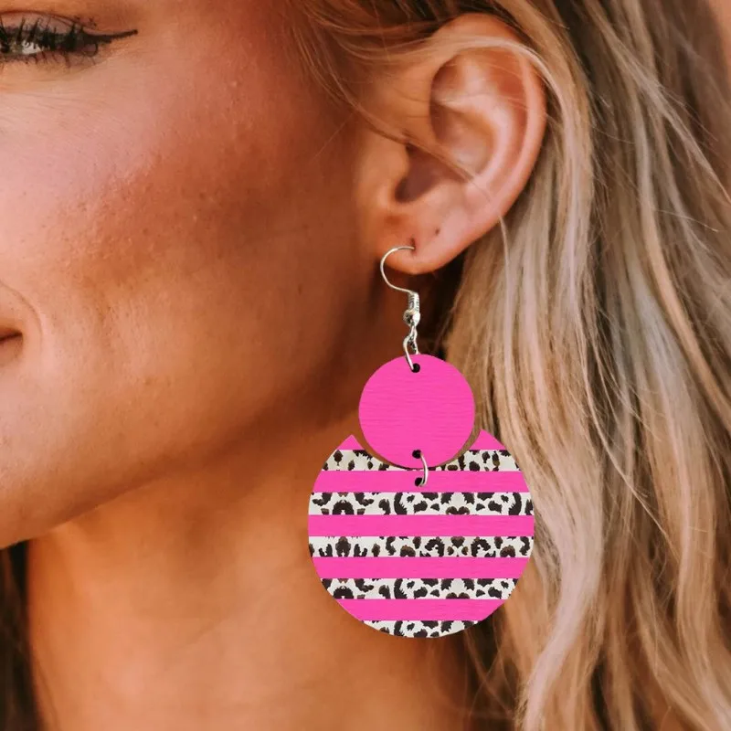 Retro new, striped stitched leopard print rose red wood stitched leather earrings