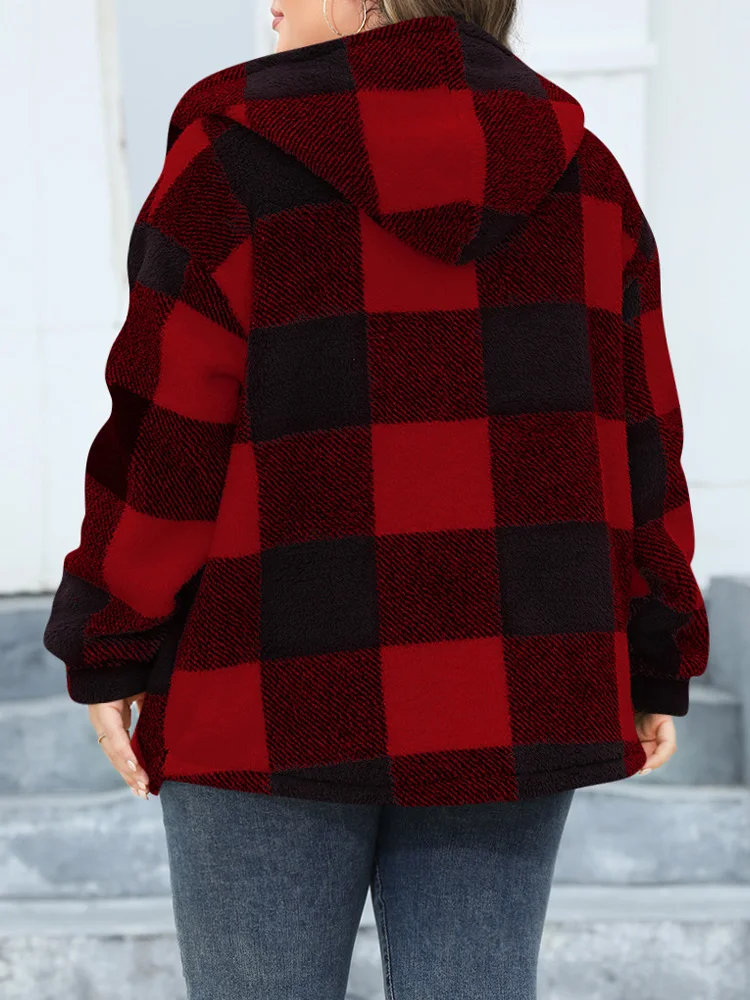 GIBSIE Plus Size Winter Plaid Coat Women New Autumn Single Breasted Hooded Jacket Woman Casual Long Sleeve Thick Warm Outerwear