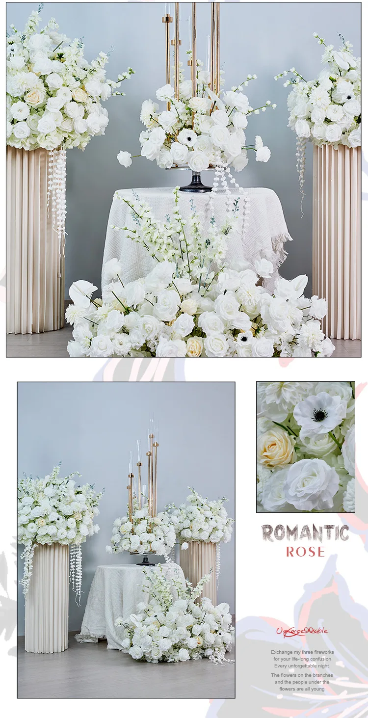 Künstliche Blumenreihe, Maiglöckchen, Rose, künstliche Blumenarrangements, Hochzeits-Hintergrund, Gang, Fotokabine, Party, Event-Dekoration – Detail 9