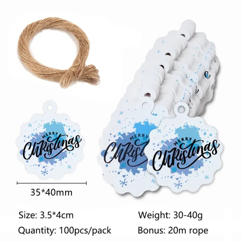 100Pcs Merry Christmas Gift Tags, Kraft paper Xmas tag Hang Labels with 20m String Xmas Present Wrap Card Christmas Tree Decor