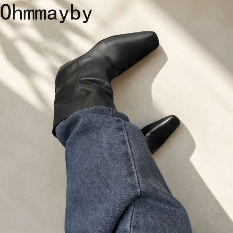 Women Square Toe Wedge Heel Mid Calf Boots Soft Leather Internal Elevation Slip On Retro Daily Casual Mordern Boots
