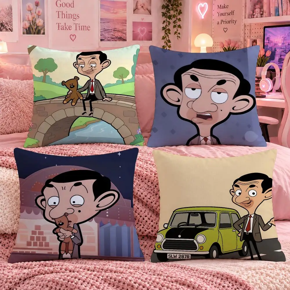 Cartoon Cute Kids M-Mr. Bean Cushion Cover Double Sided Print Short Plush Pillow Sofa Bedroom Dorm Room Decor Gift