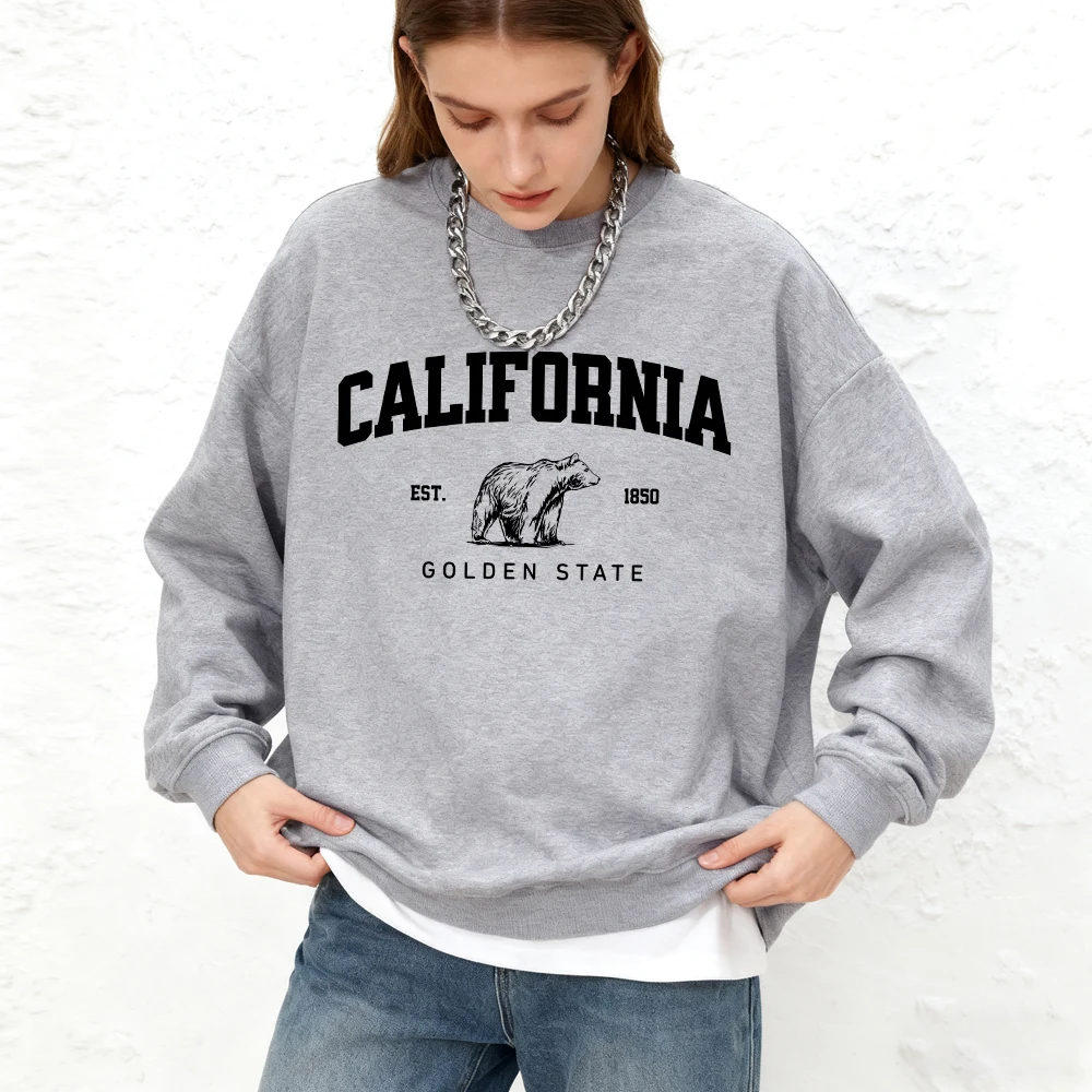 캘리포니아 베어 1850 프린트 여성 스웨트셔츠 겨울 오버사이즈 후드티 스포츠 크루넥 따뜻한 조깅 후드 기본 여성 의류