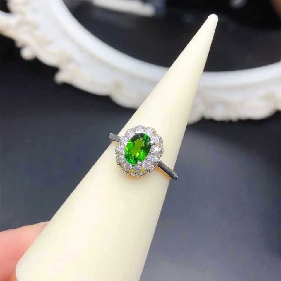 Classic Design 925 Silver Gemstone Ring for Woman 5*7mm 0.7ct Natural Diopside Ring with Thick 18K Gold Plated Diopside Jewelry