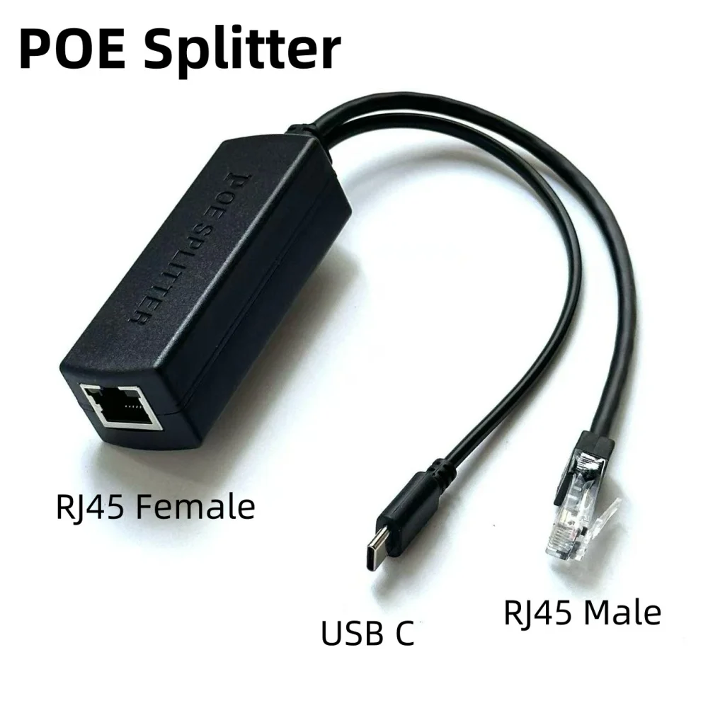 

Type C PoE Splitter 5V 3A, IEEE 802.3af/at Standard, 10/100/1000Mbps Type C Power Over Ethernet Splitter with RJ45 Port and TYPE