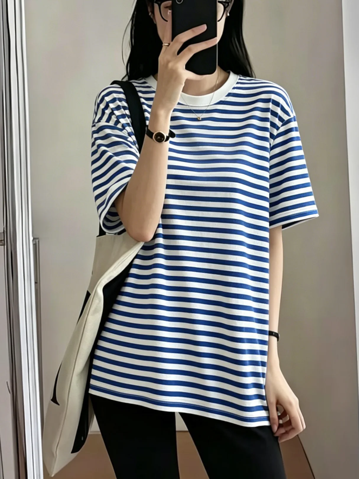 Loose Fit Women's Stripe T-shirt Short Sleeve Casual Style Summer Fashion Cover Butt Slimming Mid-Length round Neck Top